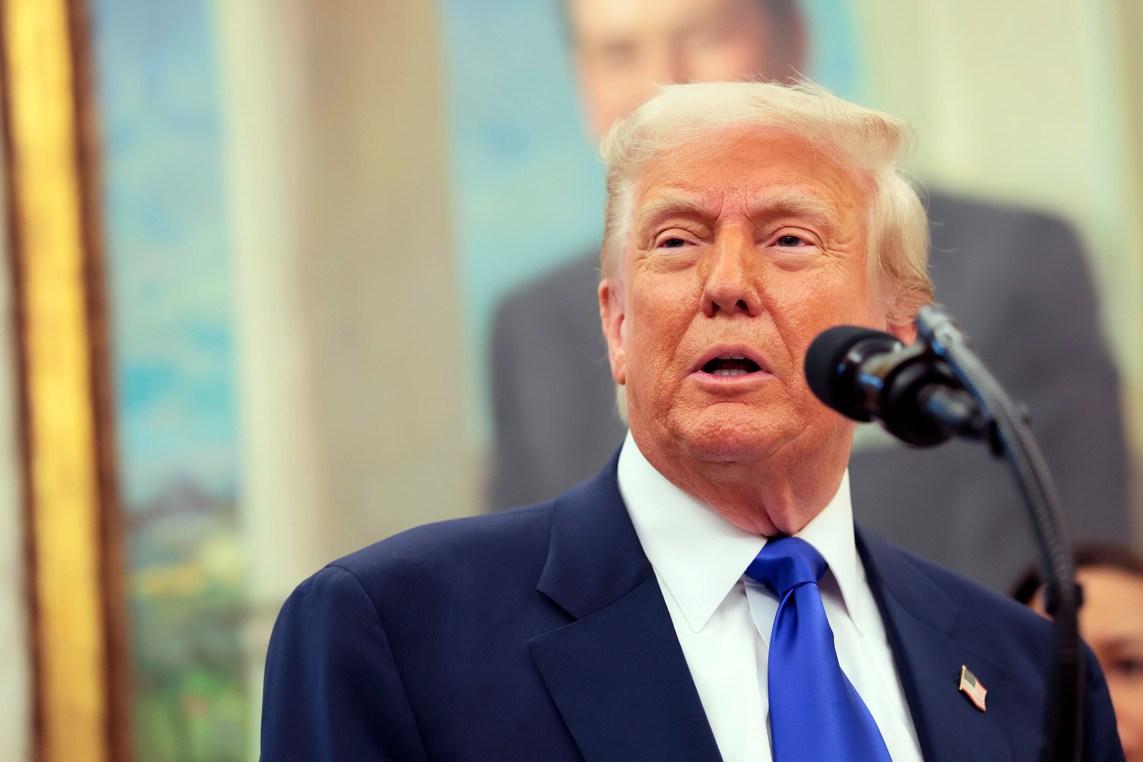 Head and shoulders photo of U.S. President Donald Trump standing behind a microphone.