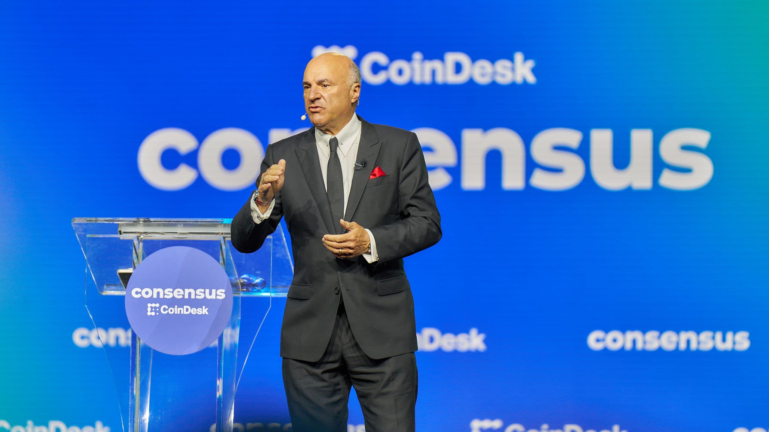 Kevin O'Leary, Chairman of O'Leary Ventures stands to give his keynote address at Consensus 2025 in Toronto