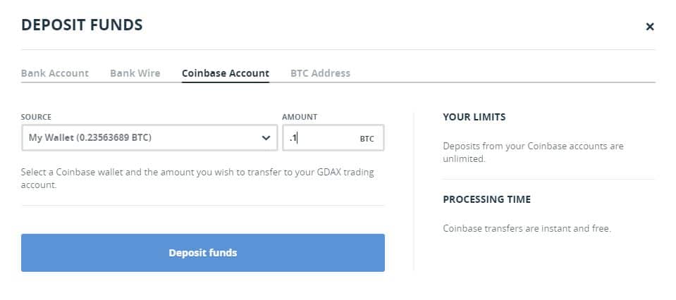GDAX deposit from Coinbase