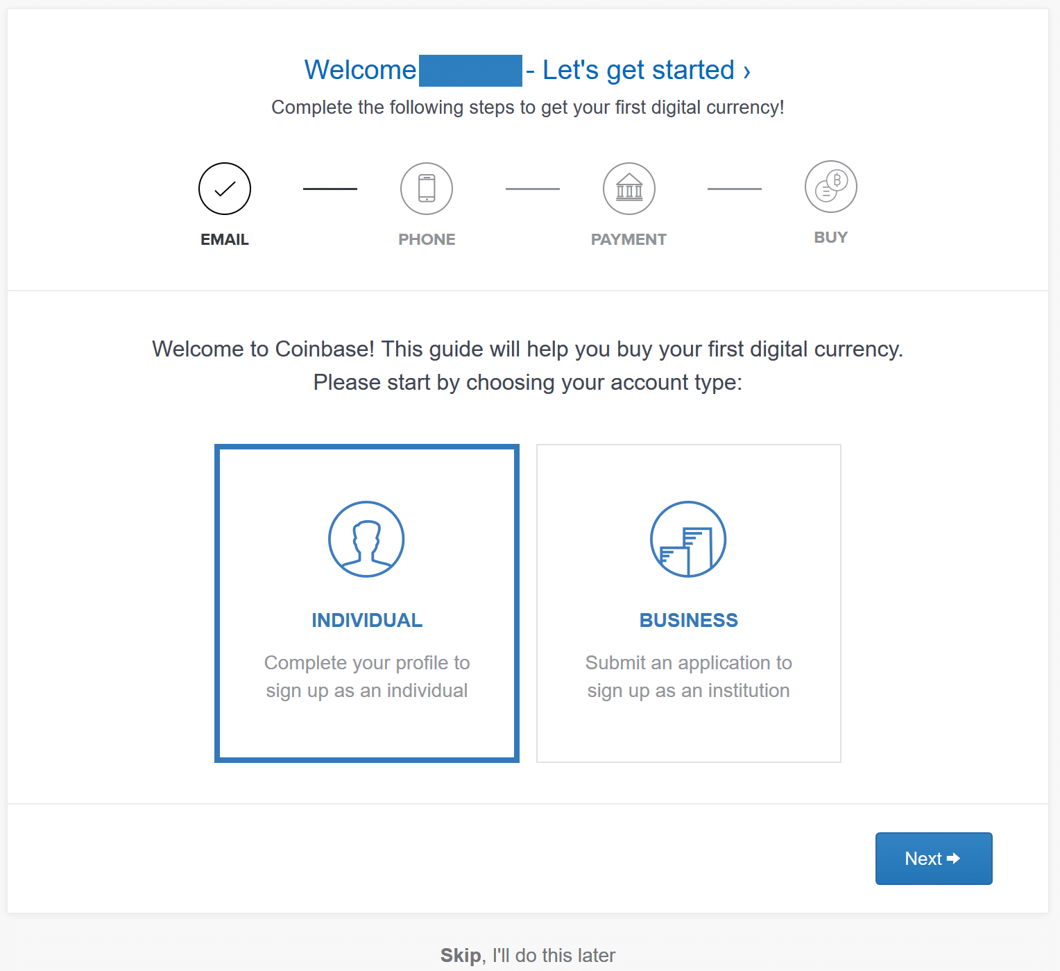 coinbase individual and business sign up