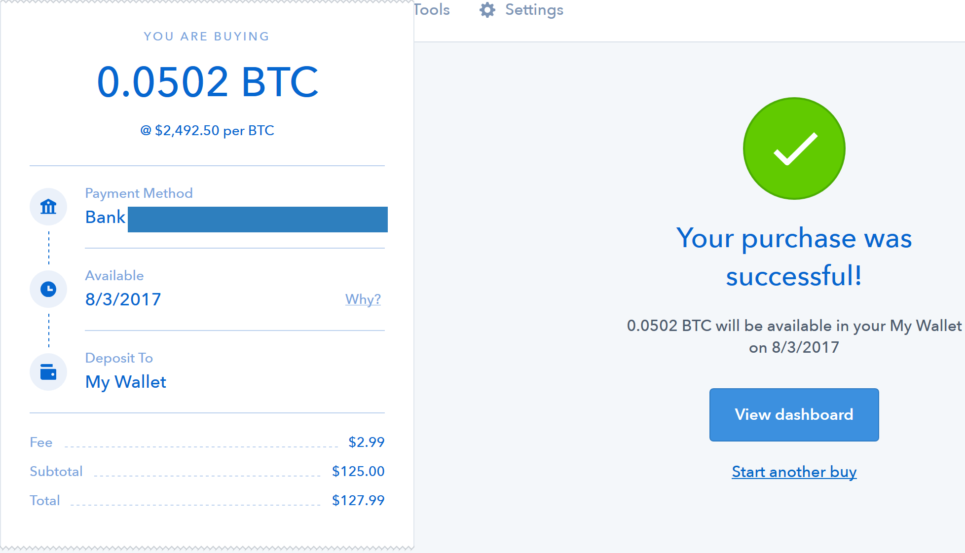 coinbase completed purchase