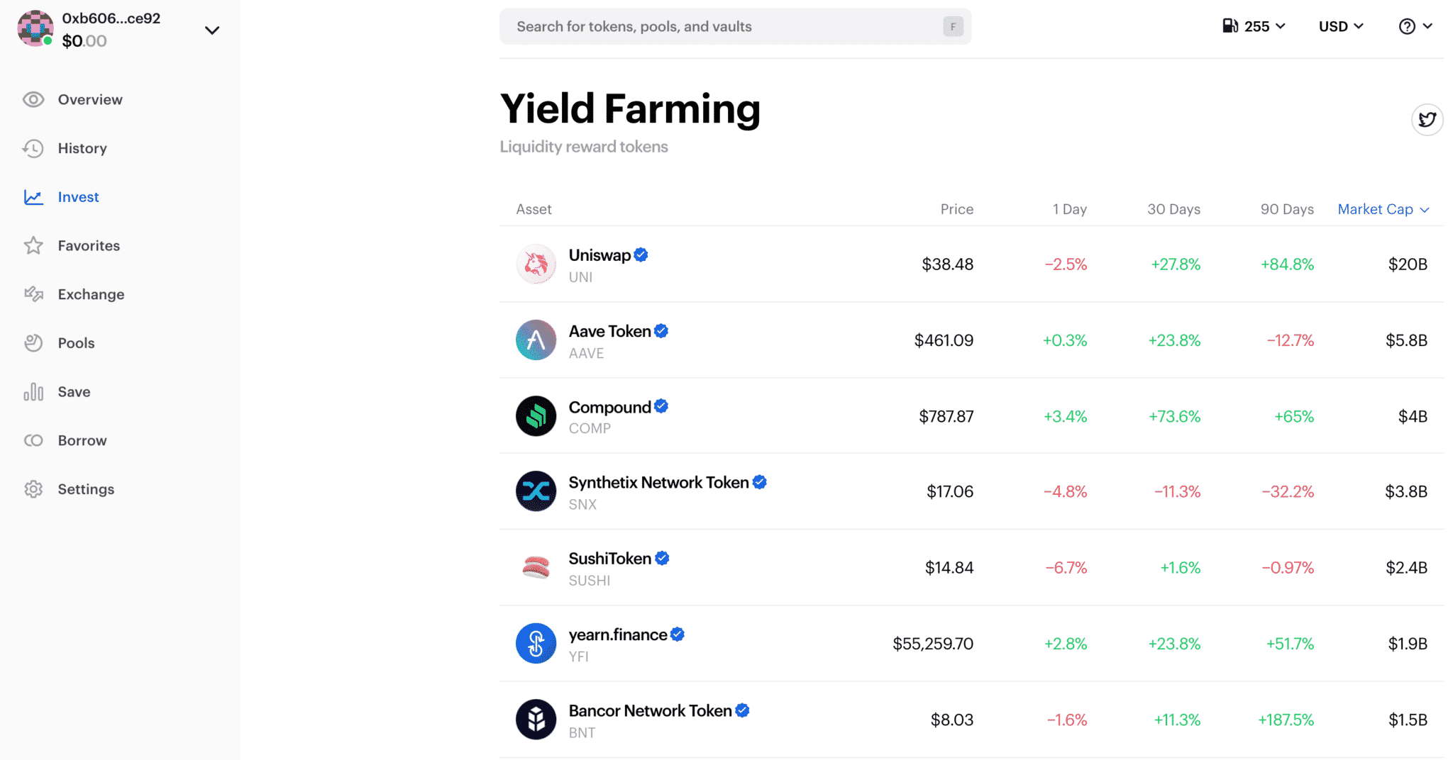 DeFi aggregator Zerion's interface.