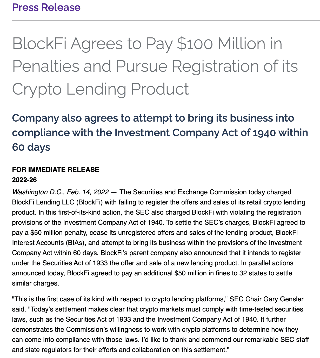 An excerpt of the BlockFi SEC penalty