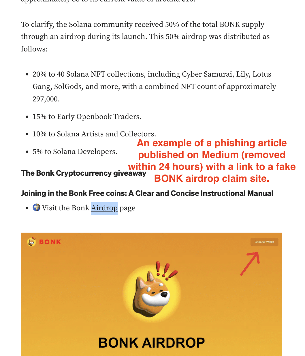 A scam article with a link to a phishing site.